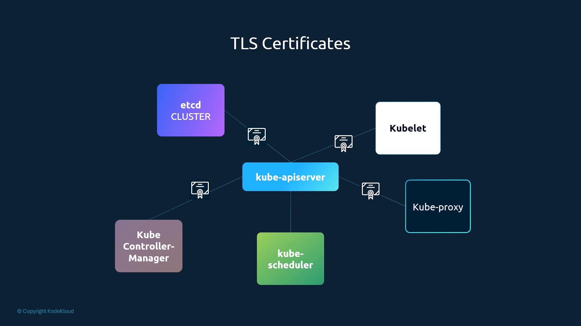Every control plane and node component talks to kube-apiserver over TLS