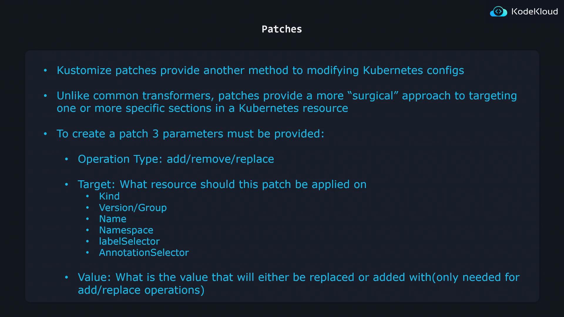 Patch parameters: operation, target fields, value