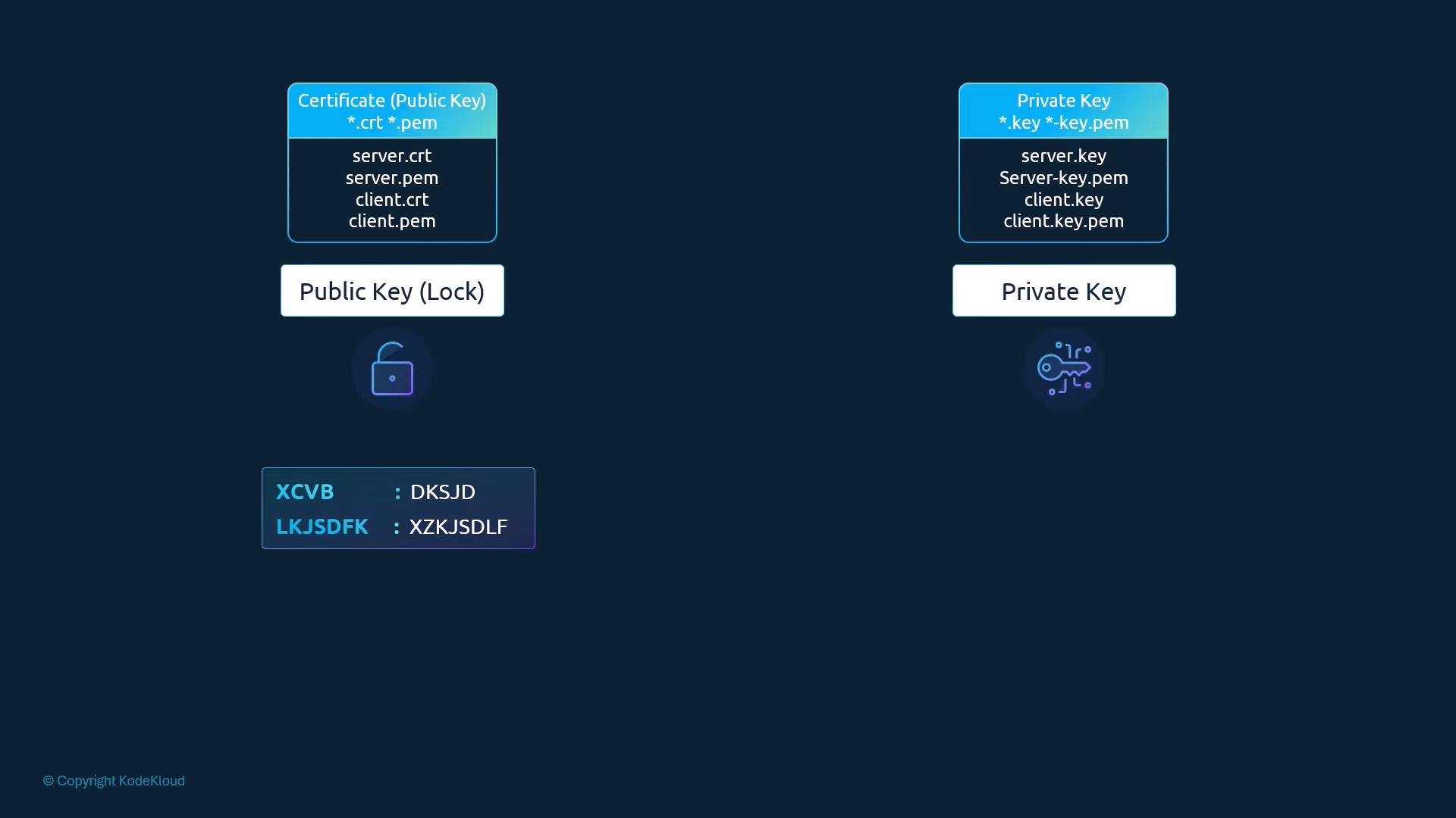 Certificates (*.crt, .pem) vs private keys (.key, *-key.pem)