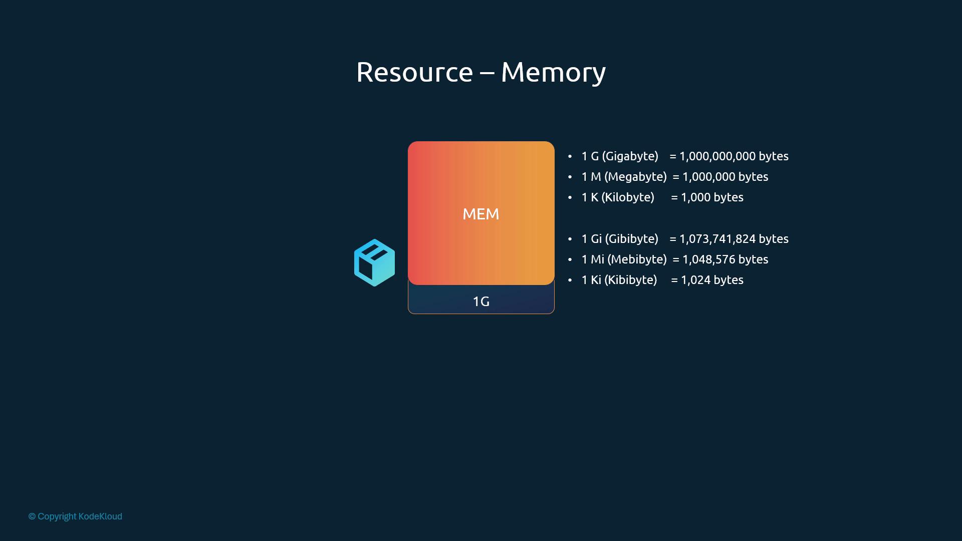 Memory unit table: G/M/K decimal vs Gi/Mi/Ki binary byte values